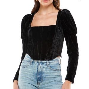 WAYF Avalon Puff Sleeve Velvet Bustier. Women black long sleeve top. NWT